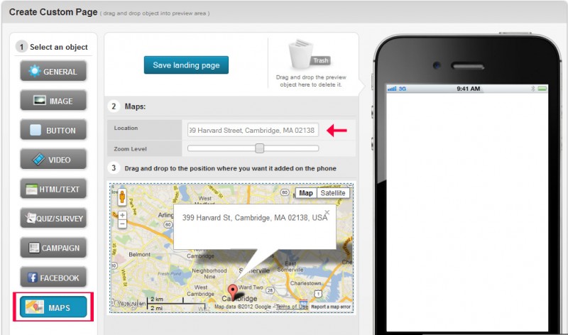 add interactive maps to mobile landing pages to pinpoint locations