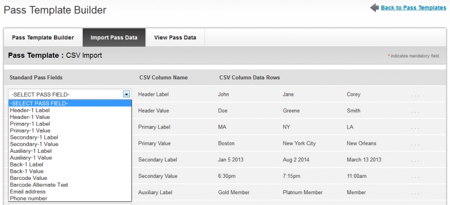 Passbook Column Mapping Select Pass Field