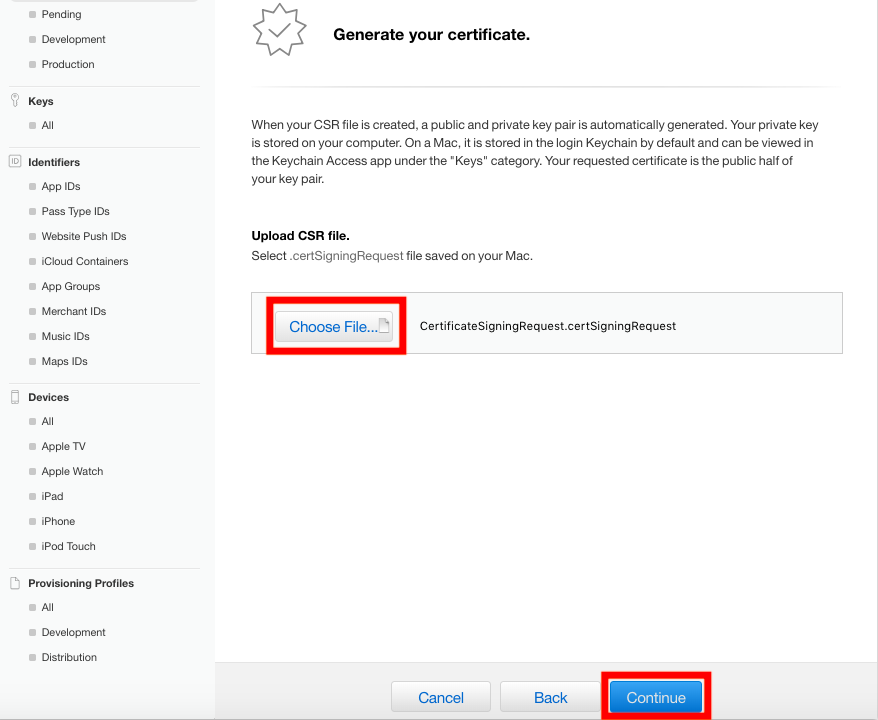 Generate your certificate and upload your CSR