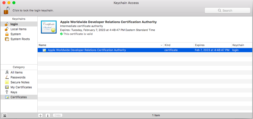 Access the Apple World Developer Intermediate Certificate in Keychain Access