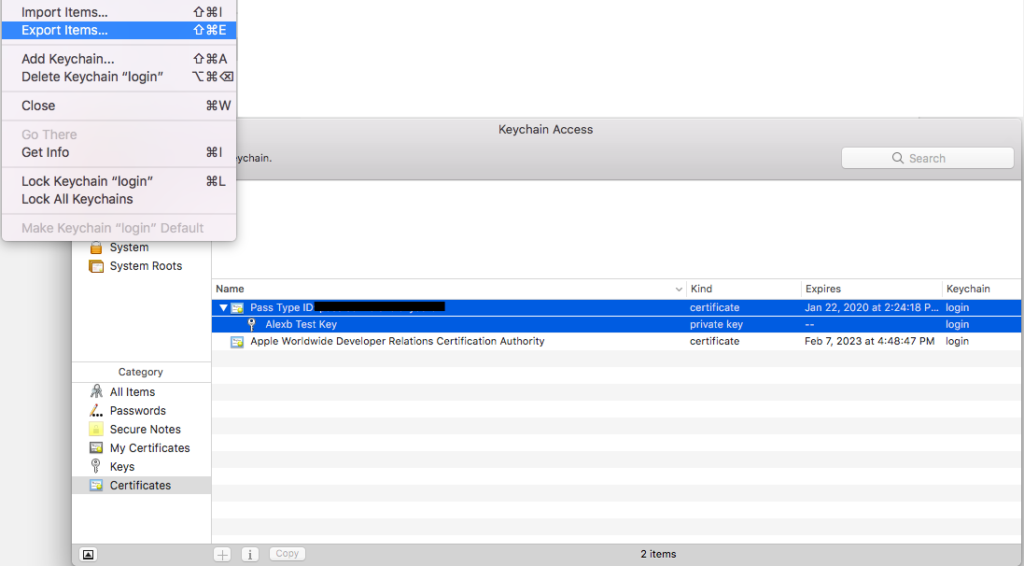 Export the certificate file and private key
