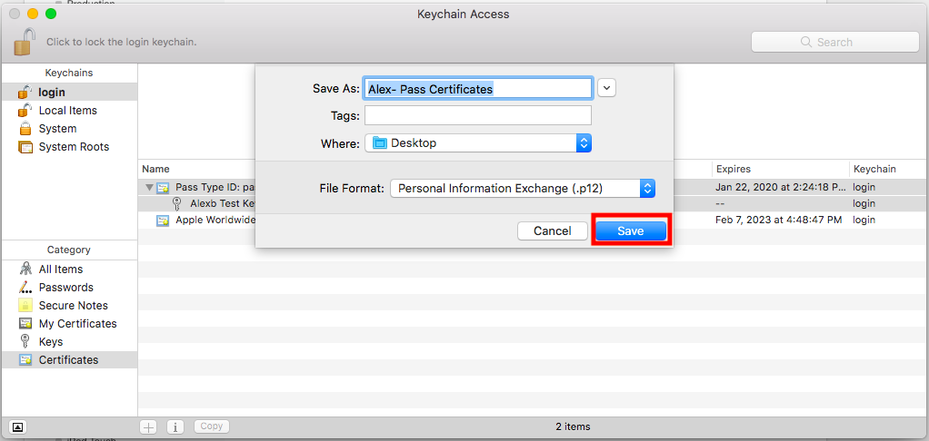 Export the certificates as a .p12 file