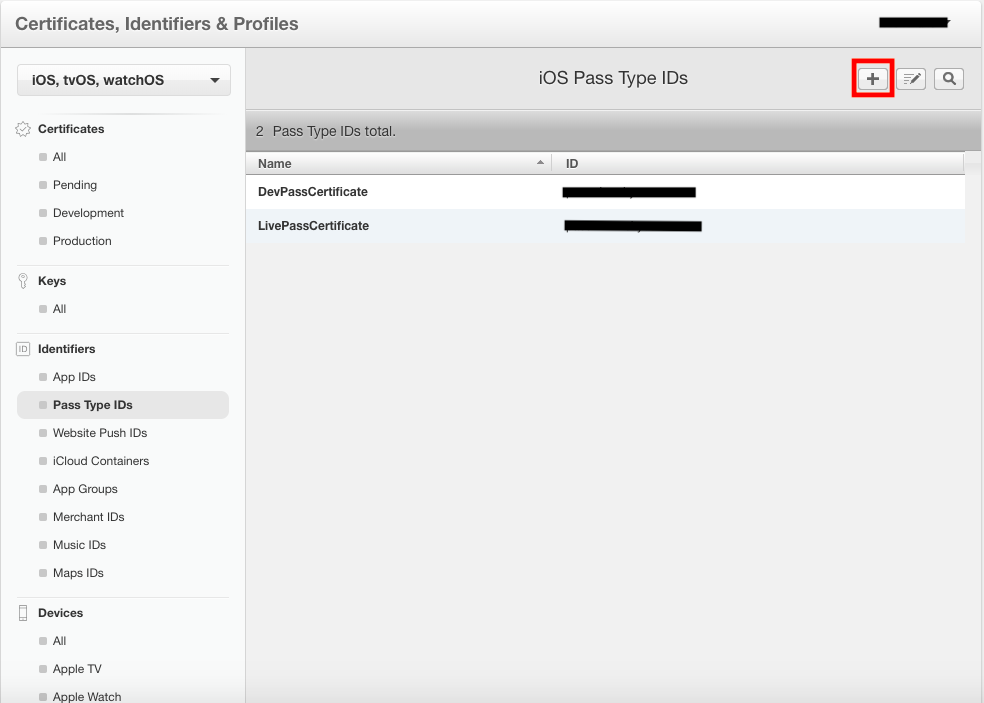 iOS Pass Type IDs