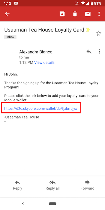 Example of receiving a Google Pay Pass by email