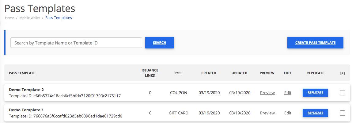 Pass Templates Page