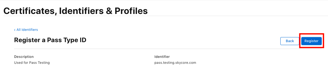 Confirm and register a pass type id