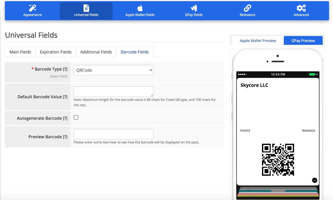 Barcode fields loyalty card layout 1