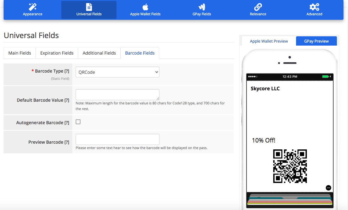 Coupon 1 barcode fields