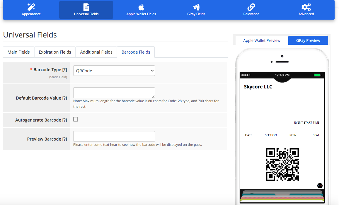 Event ticket Pass barcode fields