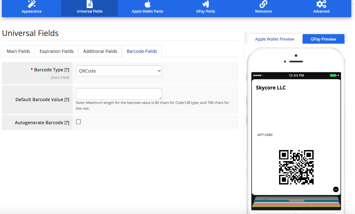 Gift card barcode fields