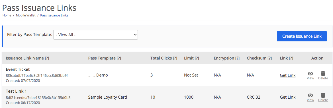 Pass issuance Links page