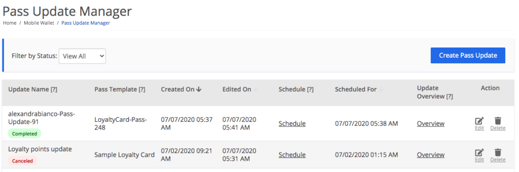 Pass Update Manager page