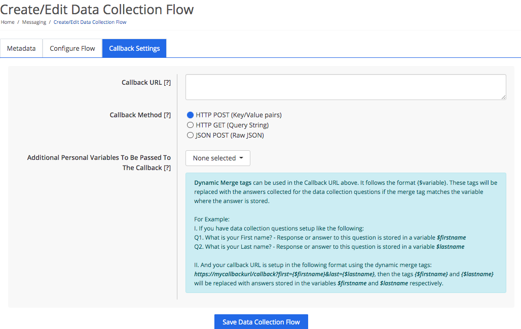 Callback settings for a data collection flow