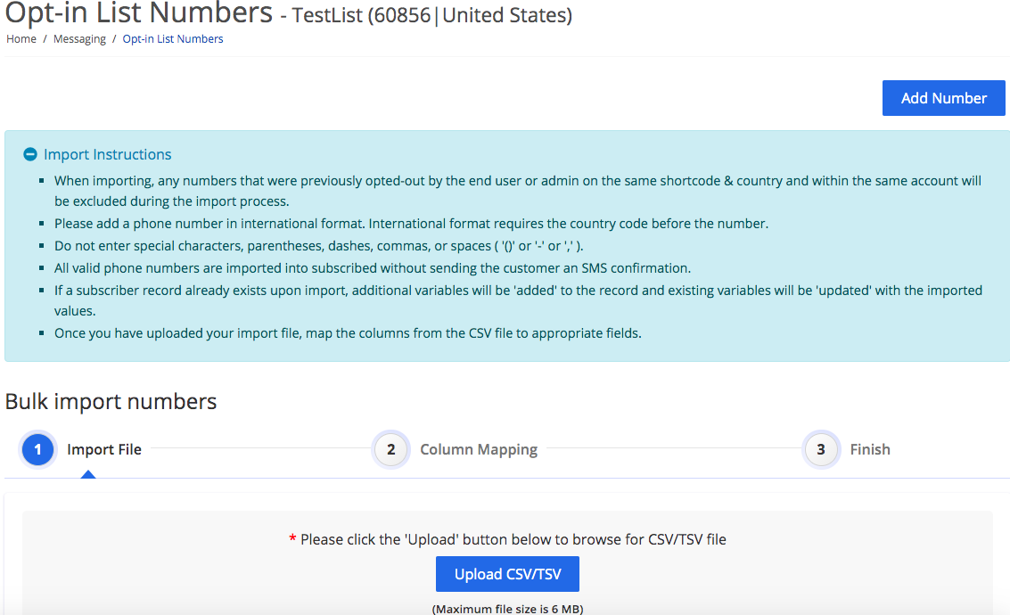 Import numbers into your Opt-In List