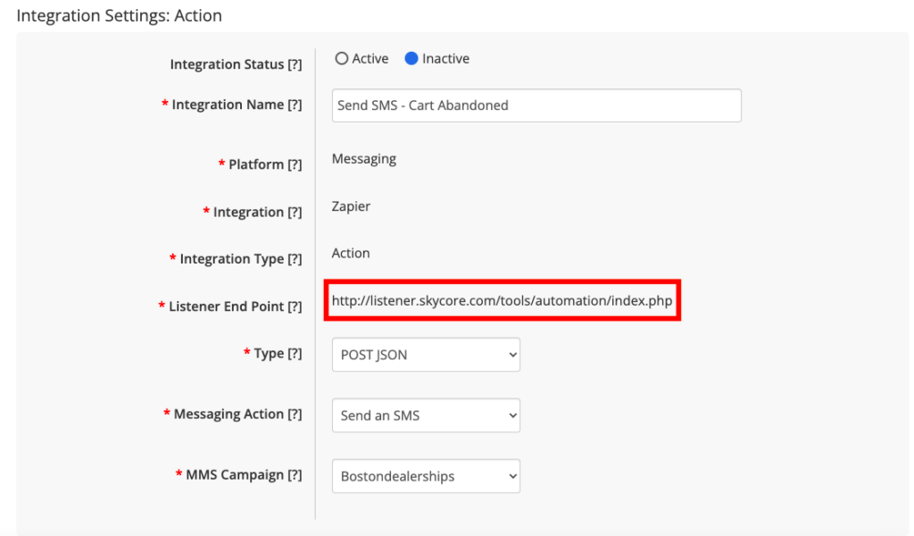 set up the messaging action on Skycore platform