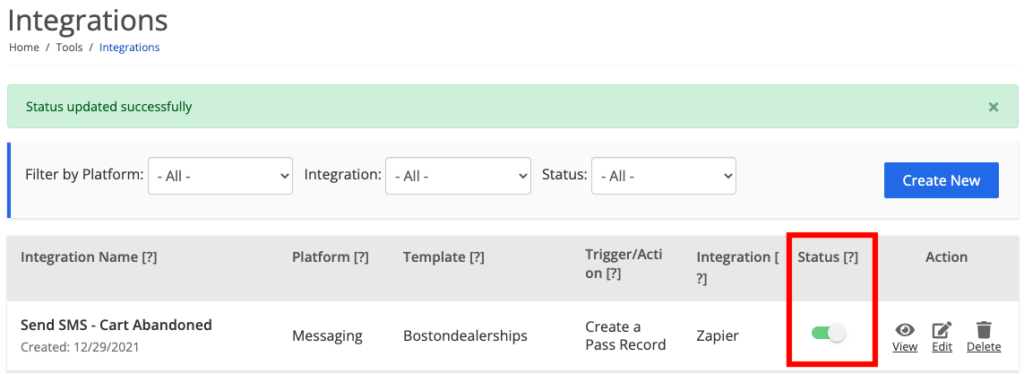 set the messaging action to active on the Skycore platform