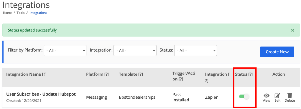 set messaging trigger integration to active on Skycore platform