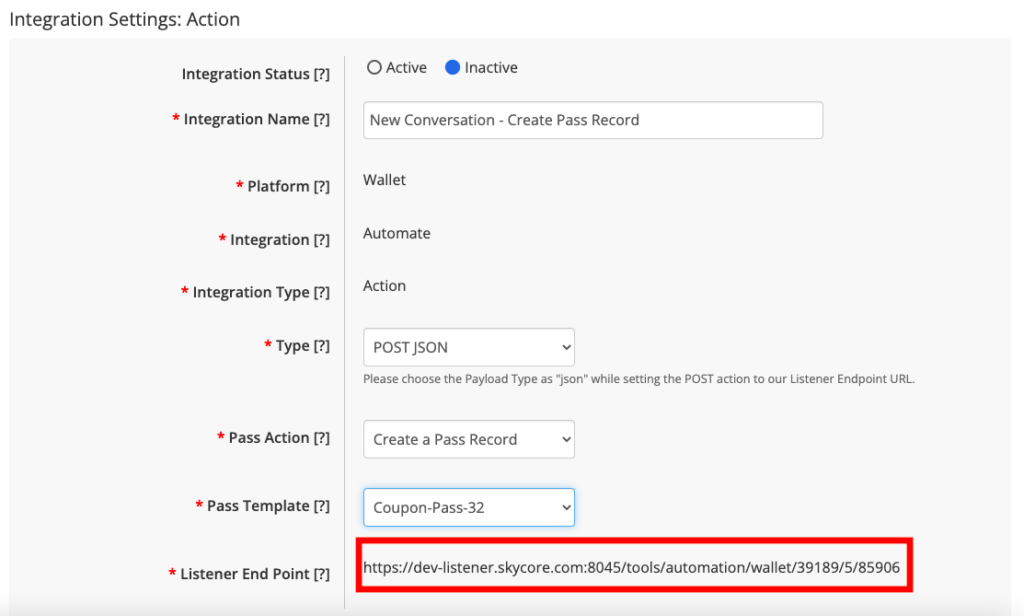 Wallet action skycore setup