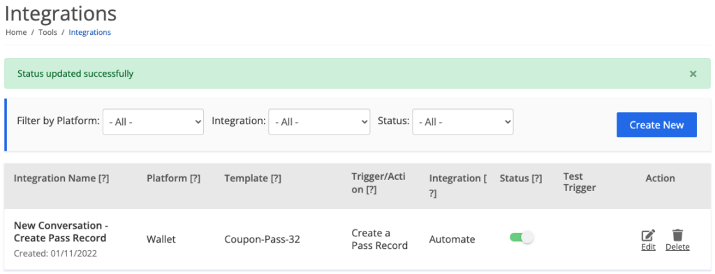 Set wallet action to Active