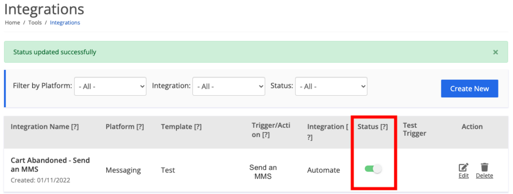 Set messaging action integration to Active