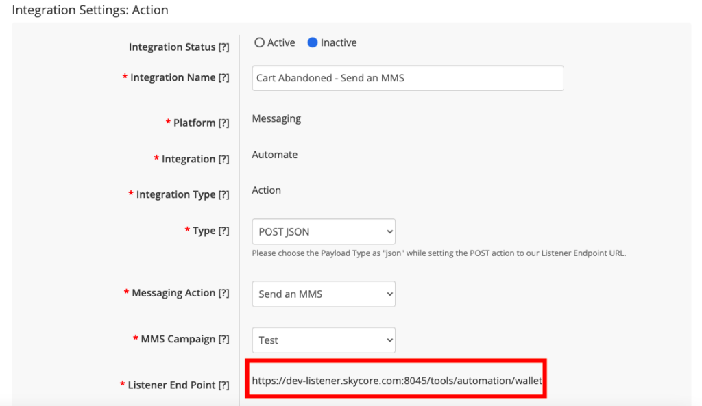 Messaging action setup on Skycore