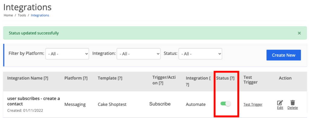 set messaging trigger integration to Active
