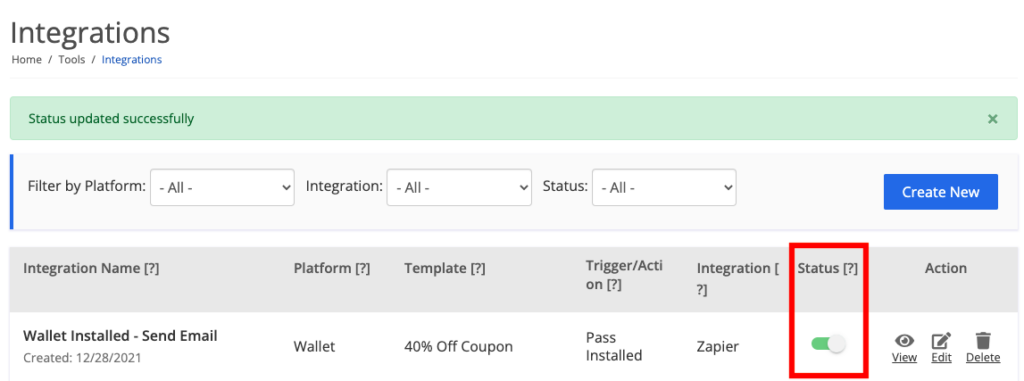 set the integration status to active
