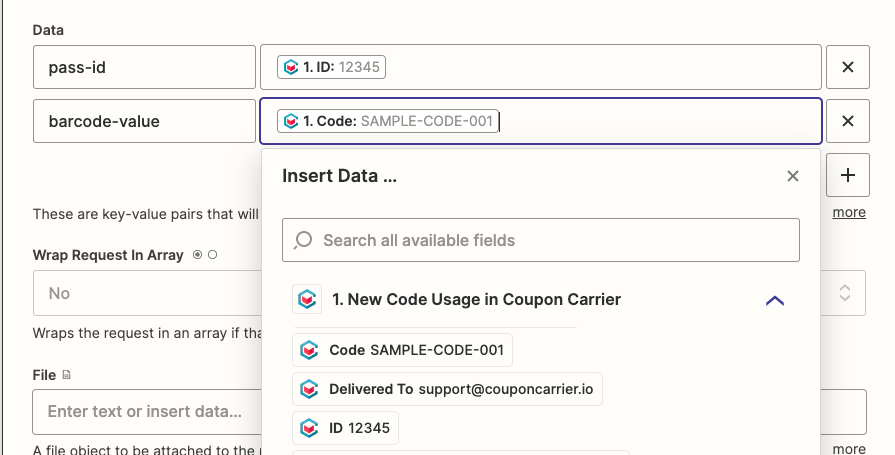 add data fields in zapier