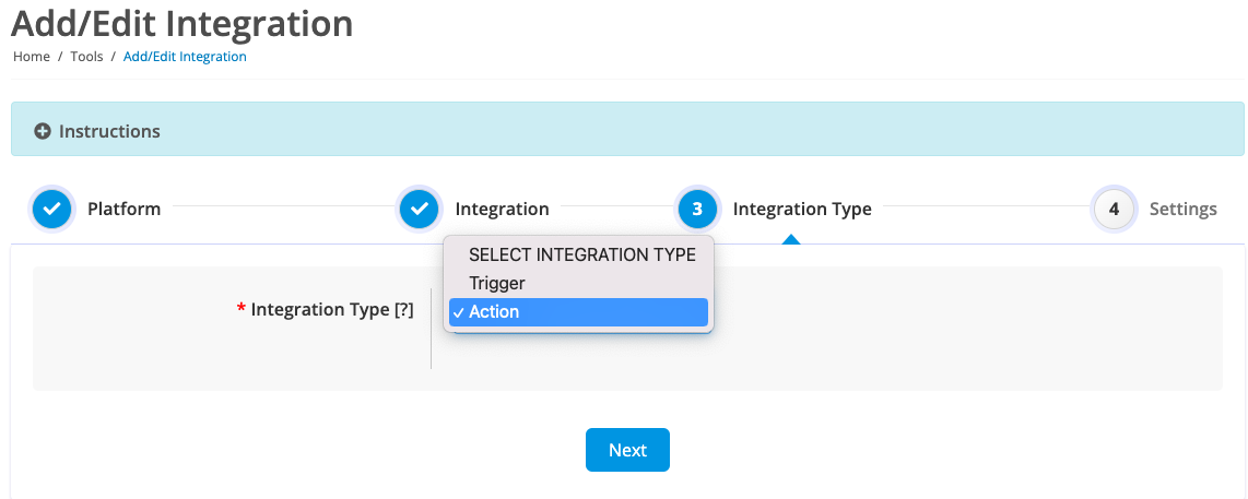 Choose action as the integration type