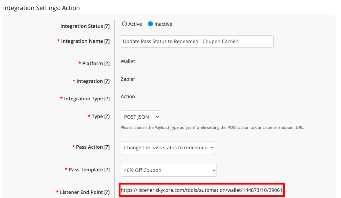 fill out action settings in skycore