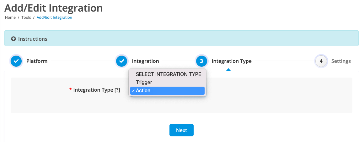 choose action as integration type