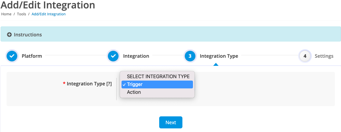 select trigger for the integration type