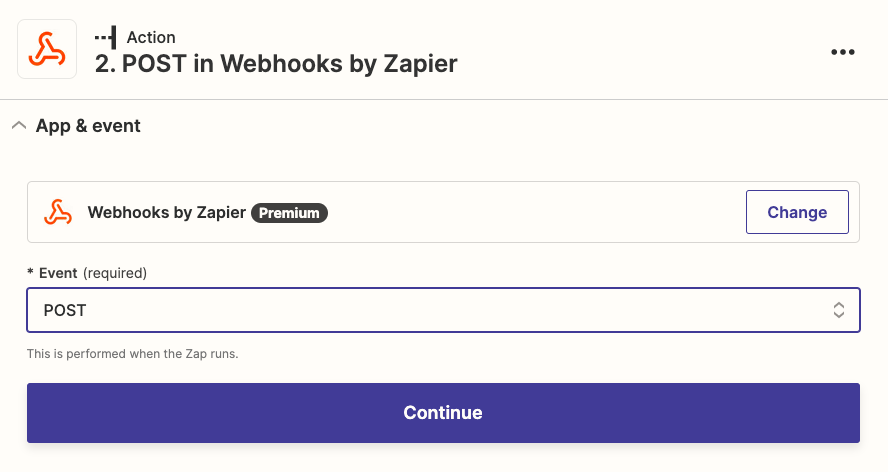 choose webhooks by zapier for the event action