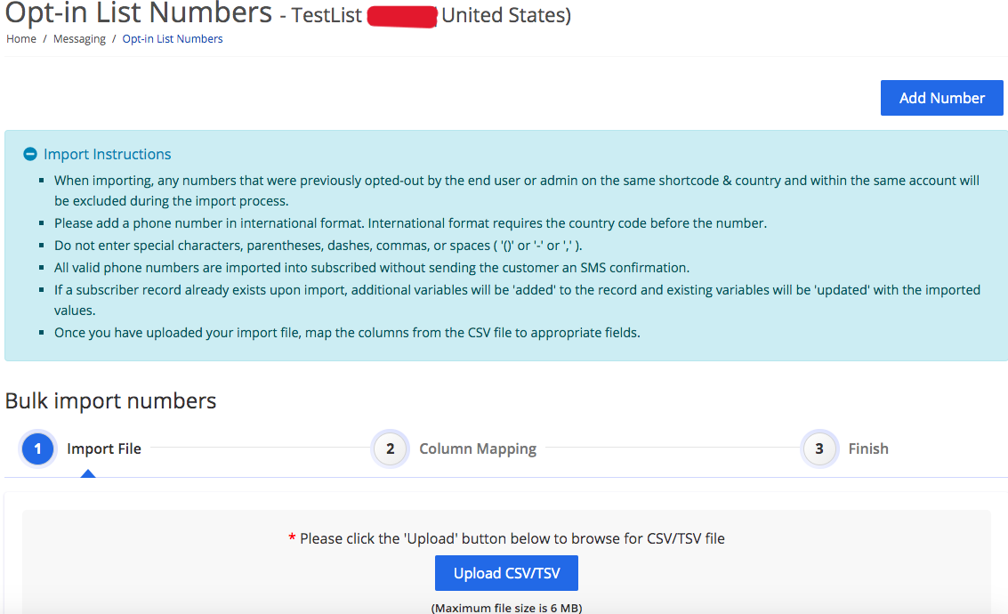 Import numbers into your Opt-In List